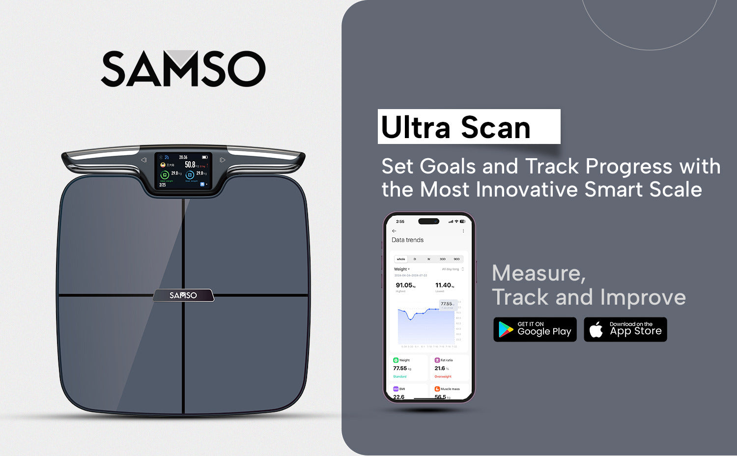 SAMSO Ultra Scan, Advanced 8 Electrode Smart Body Analyzer Scale with TFT Display, Bluetooth Connectivity, 56 Body Parameters